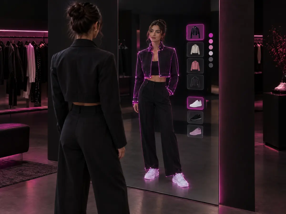 Shopper trying on a jacket and sneakers in an AR virtual mirror