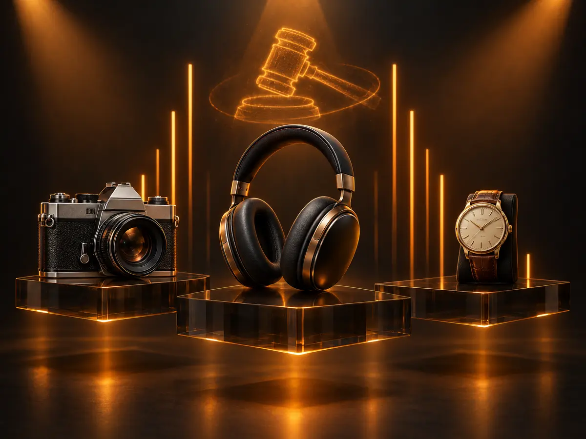 Pre-owned camera, headphones and watch on glowing auction pedestals