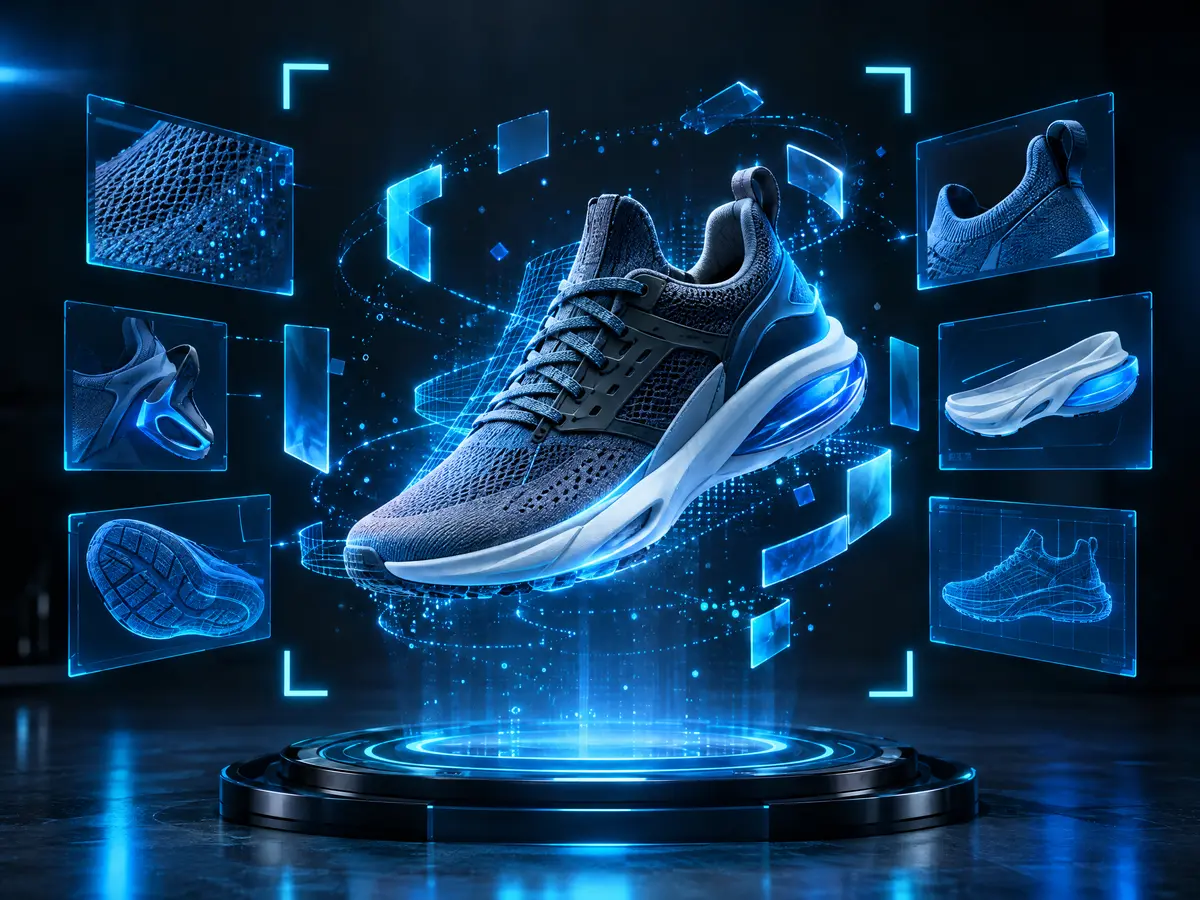 Sneaker surrounded by holographic panels assembling an immersive ad