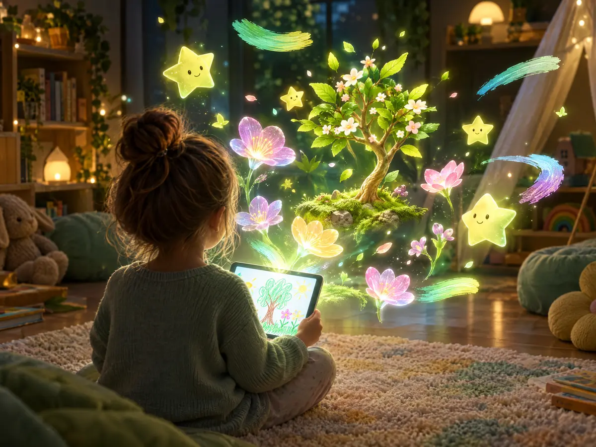 Child’s drawing blooming into holographic flowers and stars