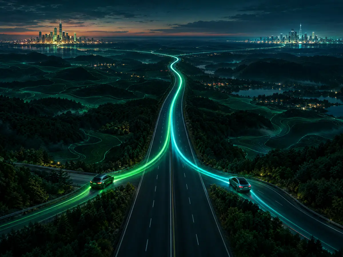Two cars merging onto one shared route between two cities at night